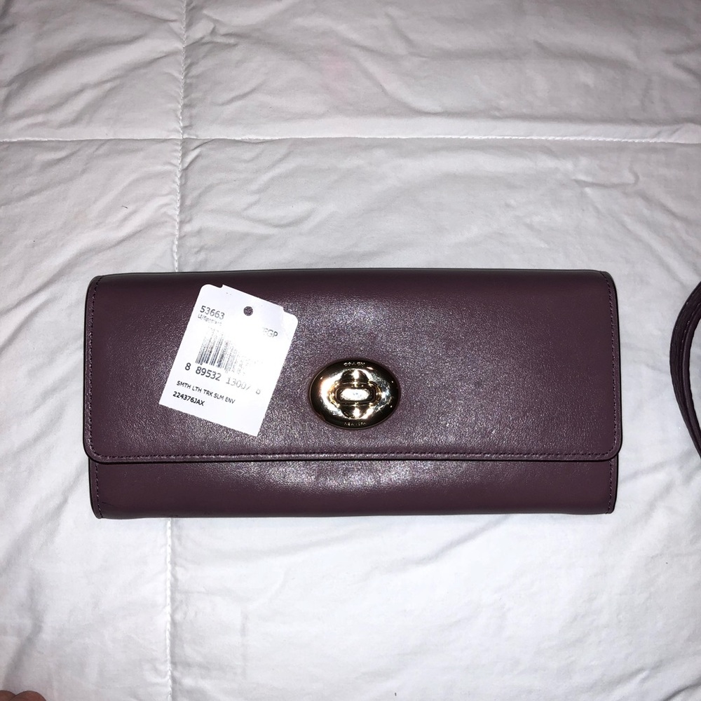 Coach eggplant turn lock wallet, EUC